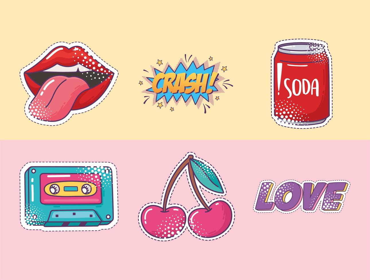 pop-art element sticker icon set, lippen, frisdrank, cassette, kers en liefde vector