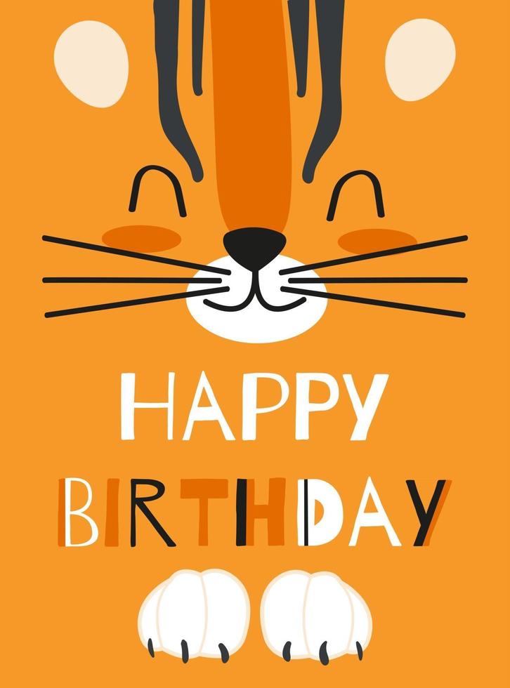 gelukkige verjaardag-wenskaart met schattige tijger gezicht op oranje achtergrond. cartoon vectorillustratie voor kinderen vector