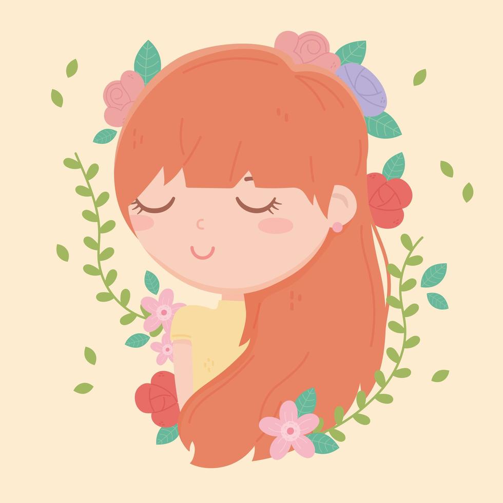 jonge vrouw haar bloemen gebladerte decoratie cartoon vector