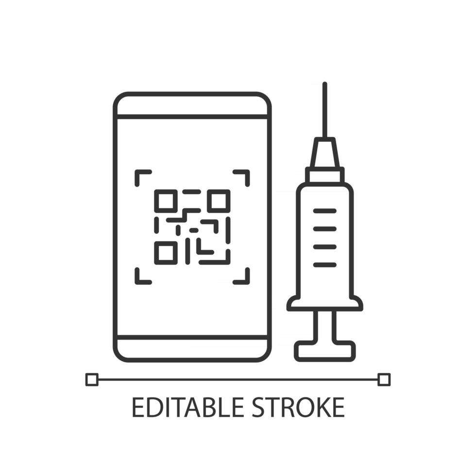 qr-code voor vaccinatie lineair pictogram. smartphonepas voor gevaccineerde toeristen. mobiel id. dunne lijn aanpasbare illustratie. contour symbool. vector geïsoleerde overzichtstekening. bewerkbare streek