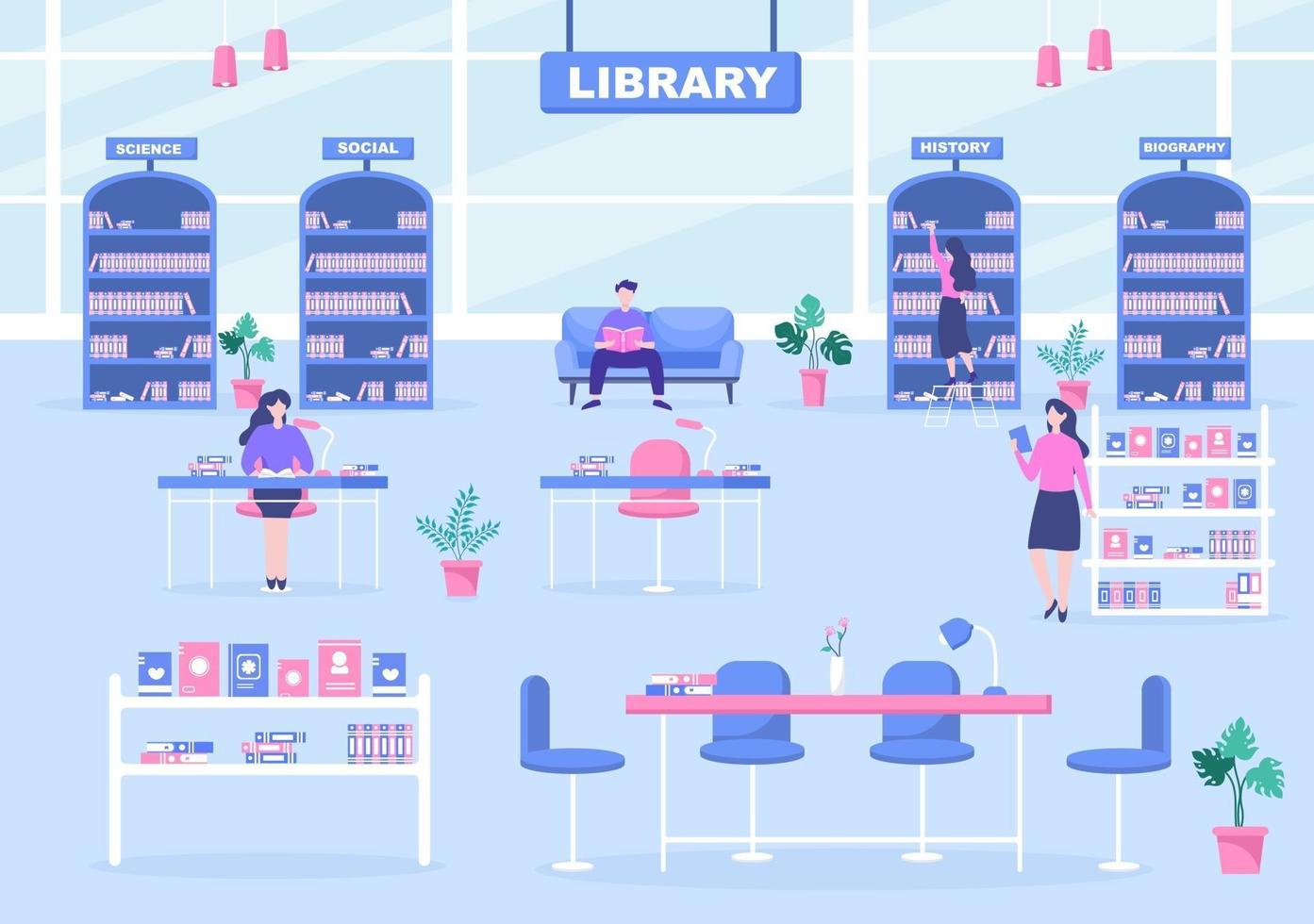 bibliotheek bevat boeken op een plank met meerdere mensen die illustratie lezen, staan, zitten of lopen vector