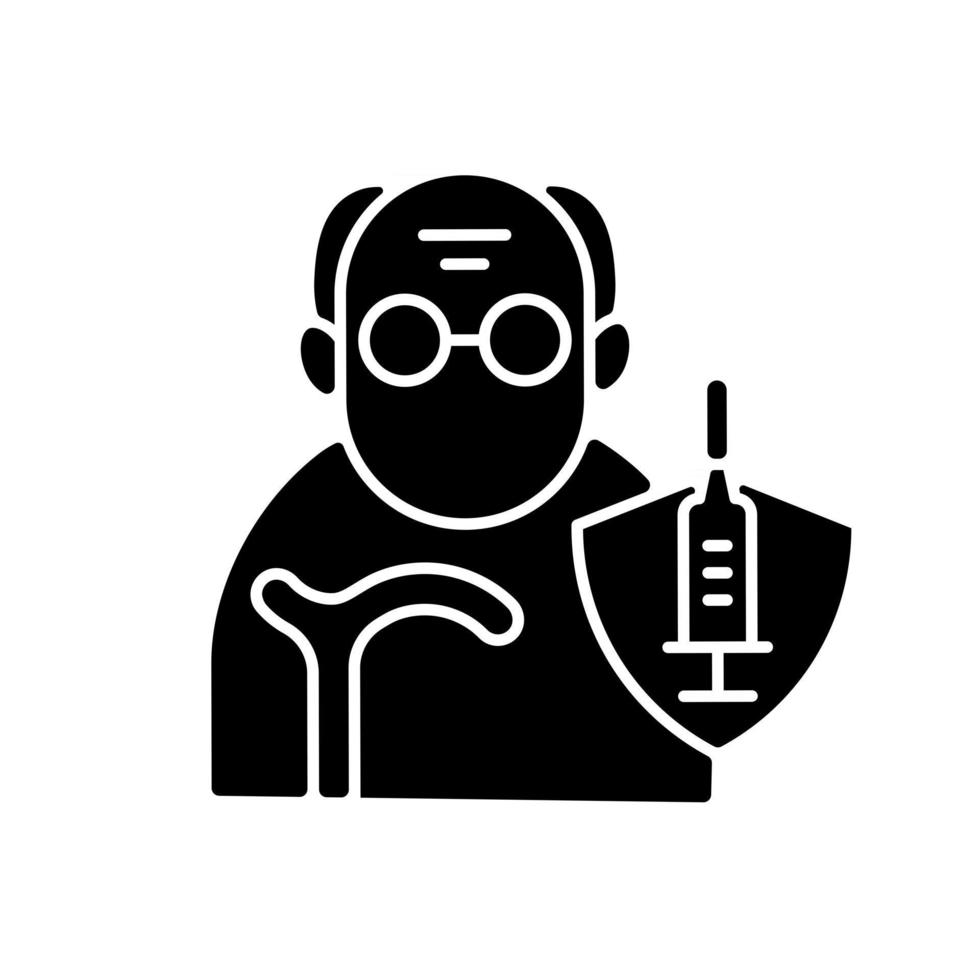 vaccinatie van ouderen zwart glyph-pictogram. prioriteitslijst leeftijdsgroep. senior man voor vaccininjectie. gezondheidszorg en medicijnen. silhouet symbool op witte ruimte. vector geïsoleerde illustratie