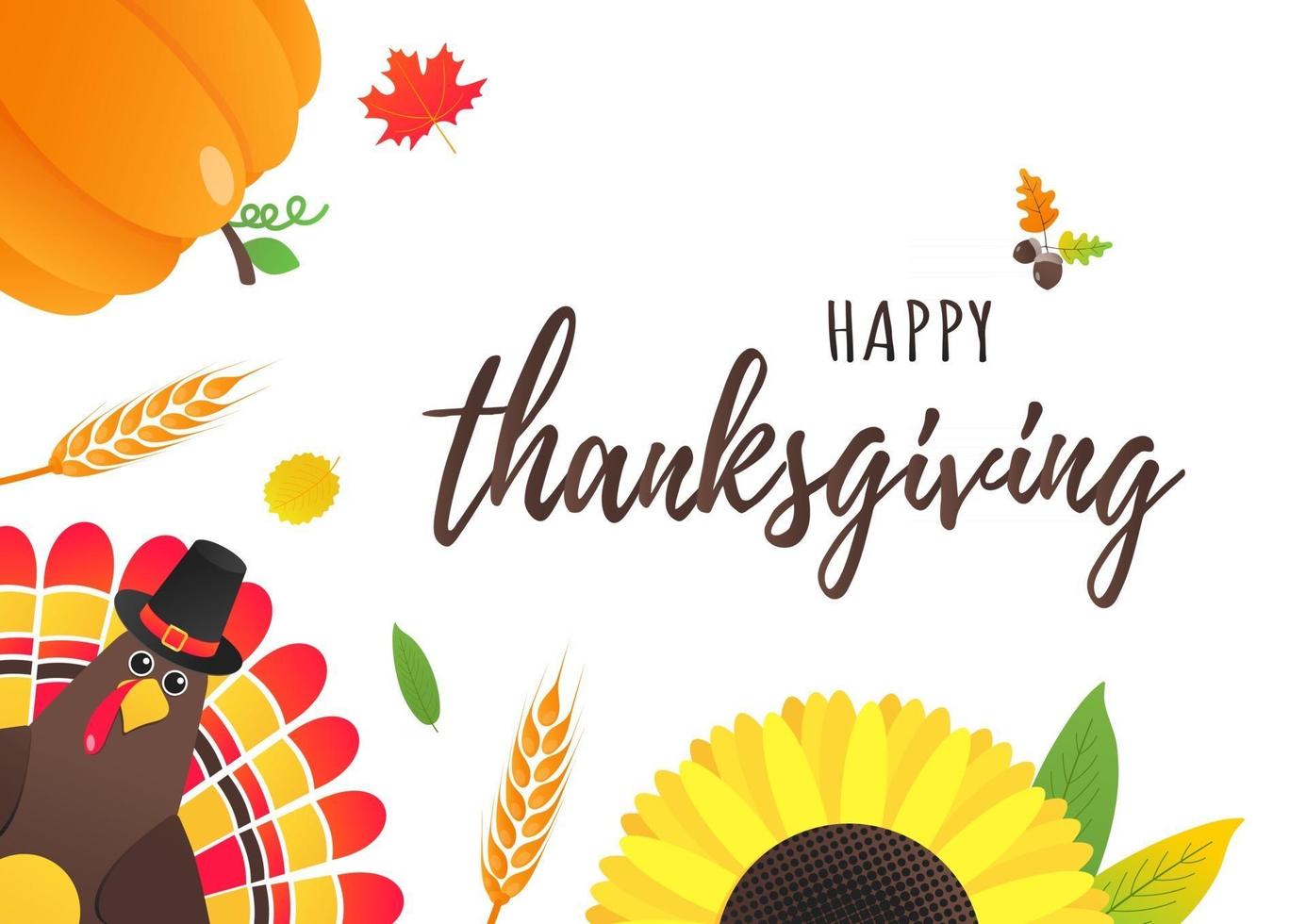 happy thanksgiving day vlakke stijl ontwerp poster vectorillustratie met kalkoen herfstbladeren zonnebloem maïs en pompoen kalkoen met hoed en gekleurde veren vieren vakantie vector