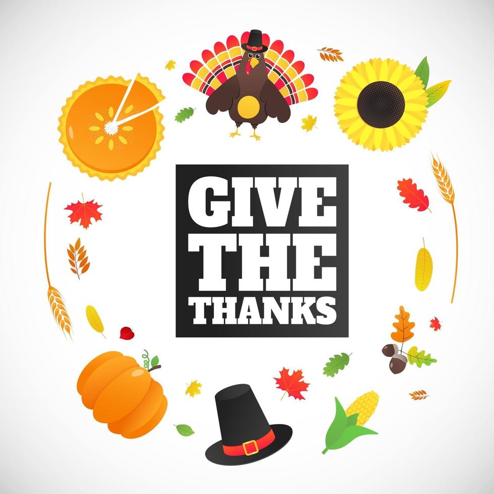 happy thanksgiving day vlakke stijl ontwerp poster vectorillustratie met kalkoen herfstbladeren zonnebloem maïs en pompoen kalkoen met hoed en gekleurde veren vieren vakantie vector