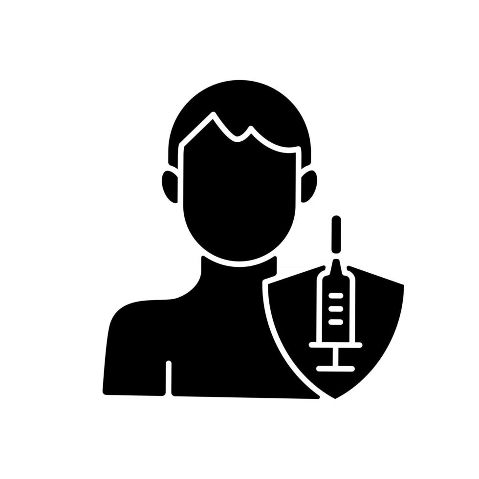 vaccinatie van volwassenen zwart glyph-pictogram. mannelijke patiënt. immunisatie tegen virussen. leeftijdsgroep voor vaccininjectie. gezondheidszorg, geneeskunde. silhouet symbool op witte ruimte. vector geïsoleerde illustratie