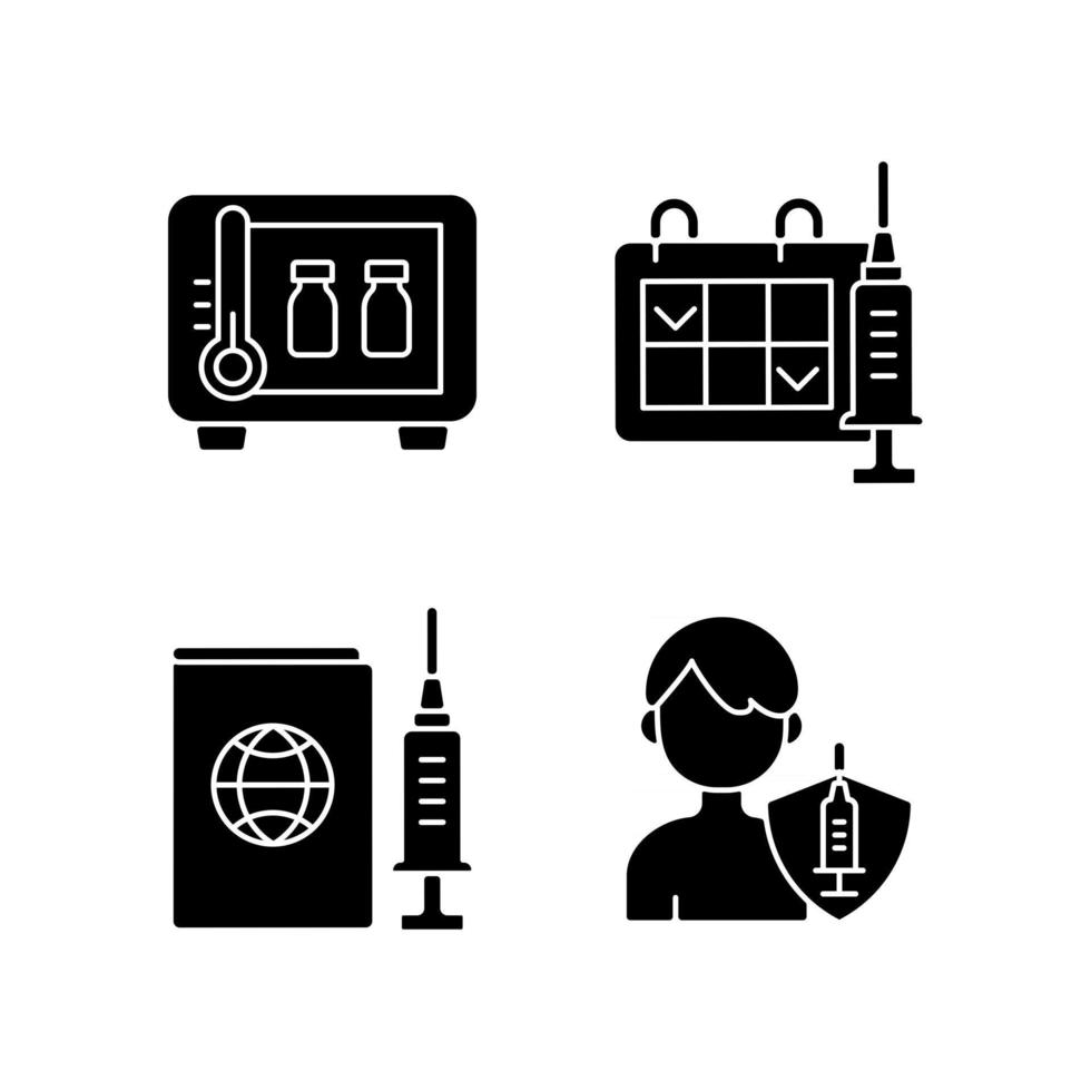 vaccin shot zwarte glyph pictogrammen ingesteld op witruimte. opslag van medicijnen. vaccinatie met twee doses. gevaccineerde tiener, kind. gezondheidszorg en medicijnen. silhouet symbolen. vector geïsoleerde illustratie