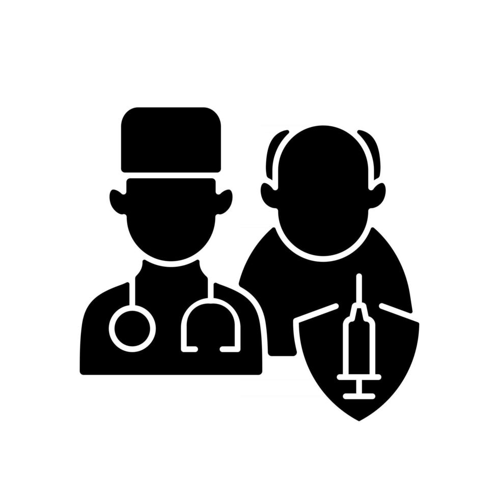 vaccinatie prioriteitslijst zwart glyph-pictogram. senior patiënt met arts. leeftijdsgroep voor vaccininjectie. gezondheidszorg en medicijnen. silhouet symbool op witte ruimte. vector geïsoleerde illustratie