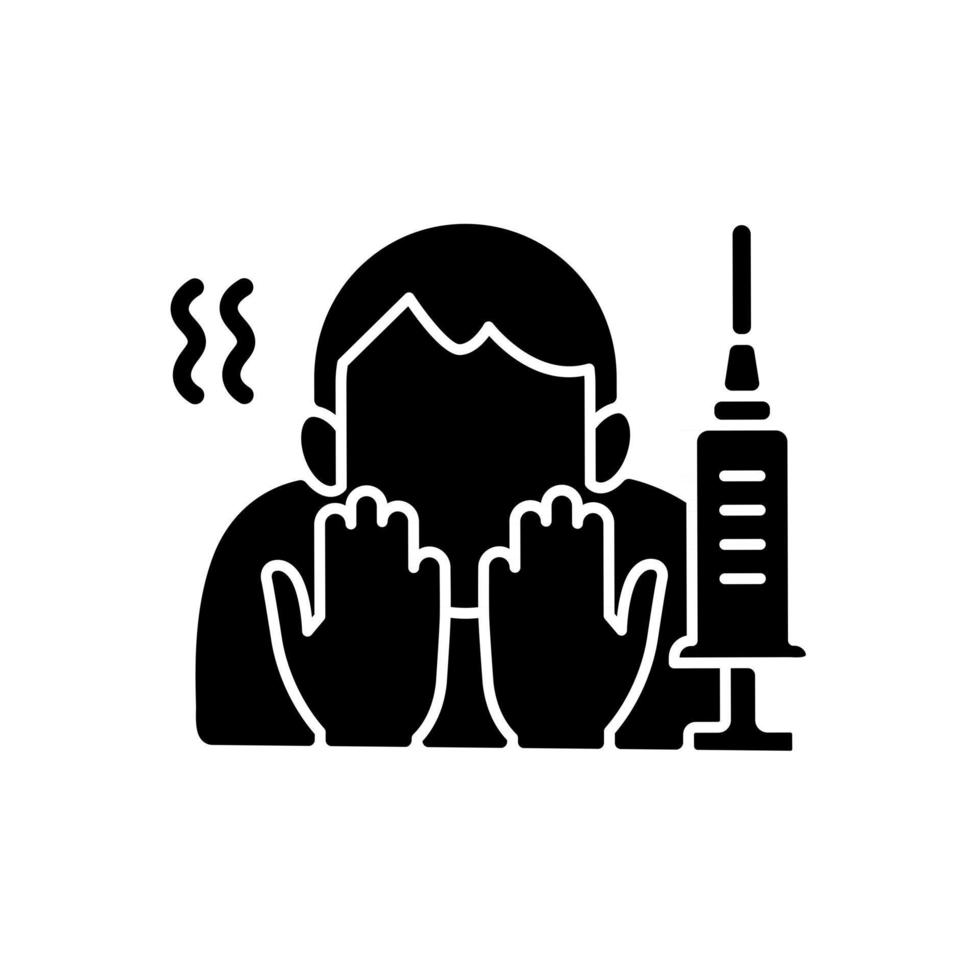 angst voor vaccinatie zwart glyph-pictogram. fobie voor injectie. bang voor injectienaalden. gezondheidsbehandeling probleem. bang voor vaccin schot. silhouet symbool op witte ruimte. vector geïsoleerde illustratie