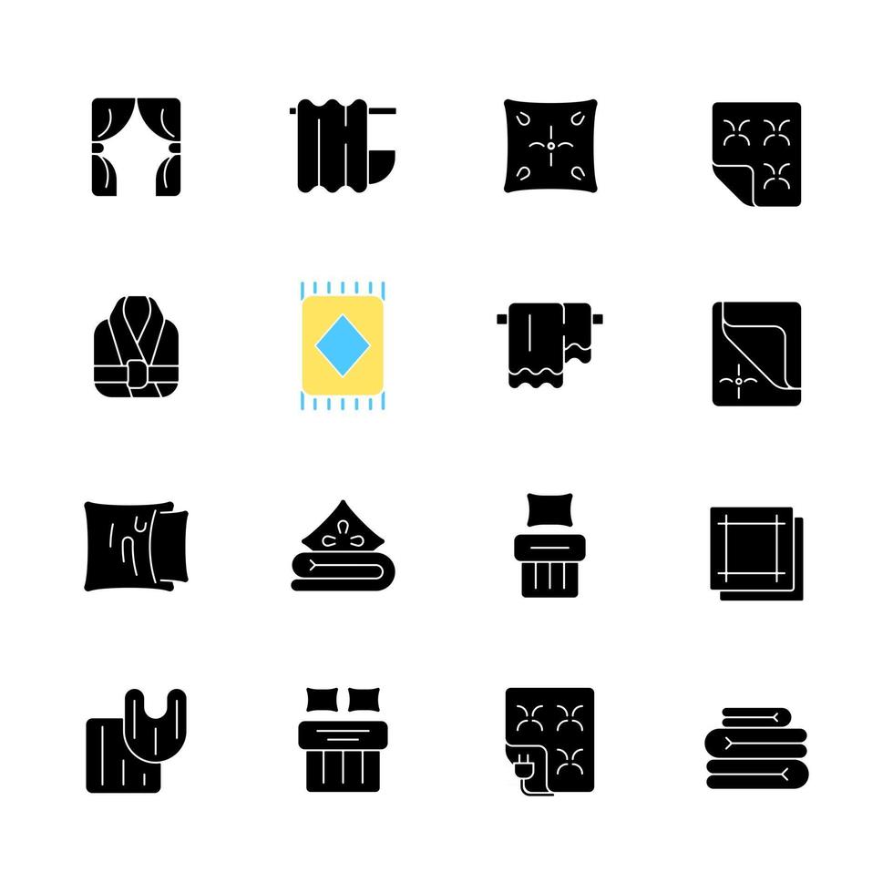 textielproducten zwarte glyph pictogrammen instellen op witruimte. huiskleding. slaapkamer, keuken interieurdecoratie. huishouddoeken. huishoudelijk materiaal. silhouet symbolen. vector geïsoleerde illustratie