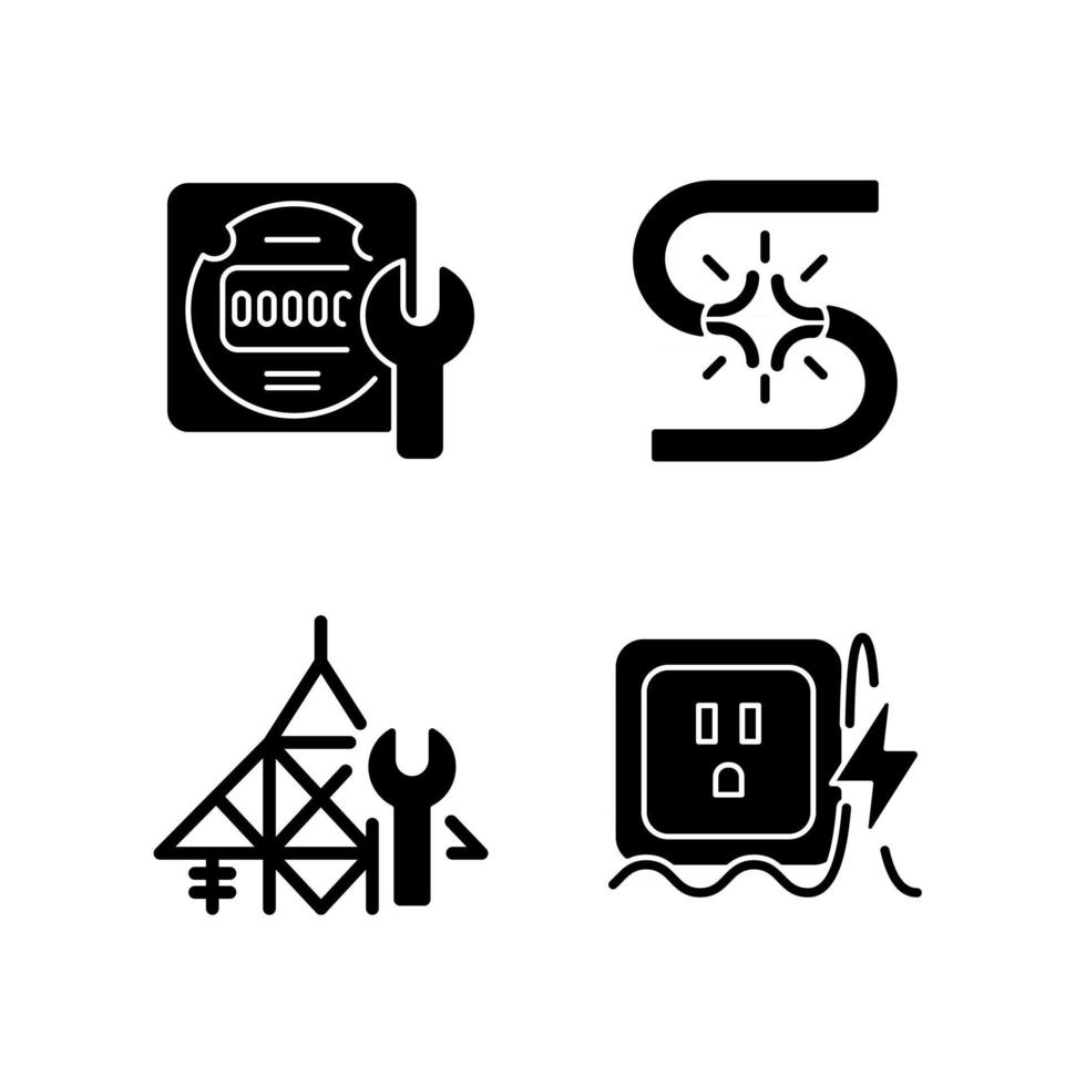 elektricien service zwarte glyph pictogrammen instellen op witruimte. onderhoud energiemeter. kortsluiting. reparatie van hoogspanningslijnen. stroomstoot. spanningsoverschot. silhouet symbolen. vector geïsoleerde illustratie