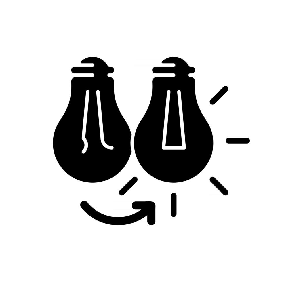 veranderende gloeilamp zwarte glyph pictogram. elektrische reparatie. lamp vervangen. lampvermogen. lampfittingen leeg laten. silhouet symbool op witte ruimte. vector geïsoleerde illustratie