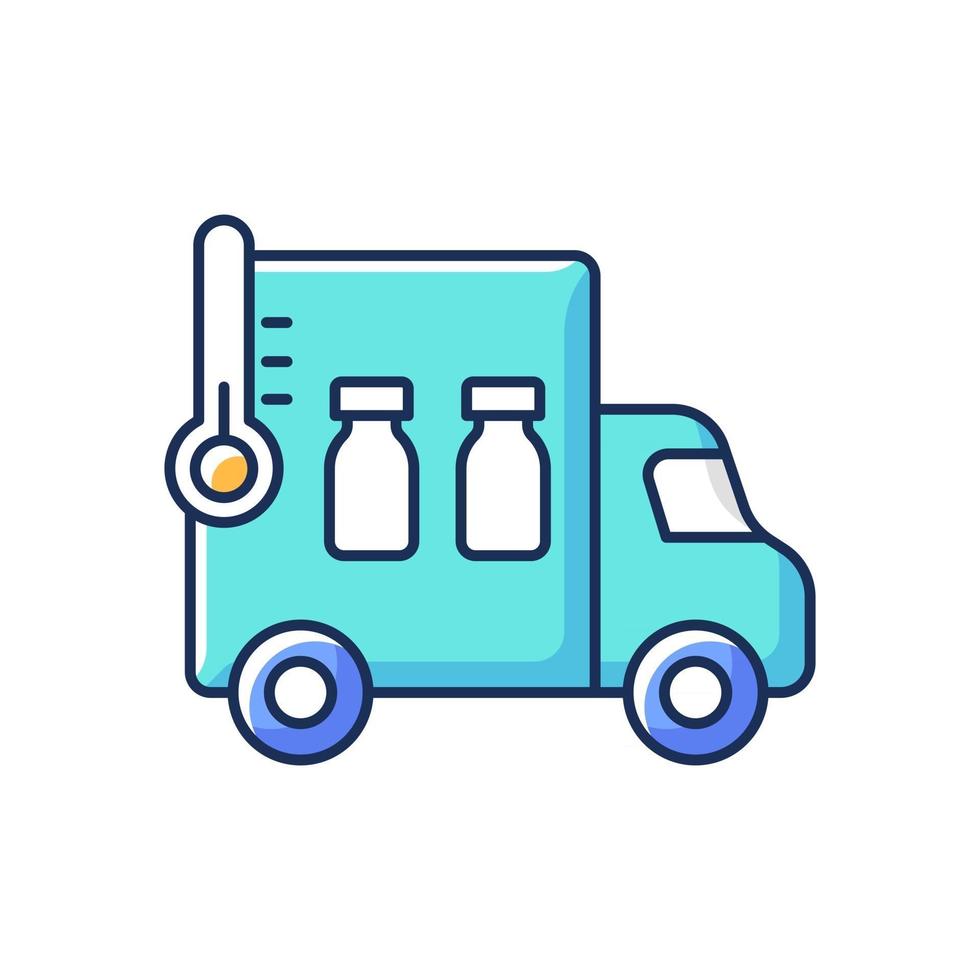 vaccin transport rgb kleur icoon. distributie van medicijnen. farmaceutische remedie verzending van. vrachtwagen met apotheekvoorraad. medicatie opslag. zorgsector. geïsoleerde vectorillustratie vector