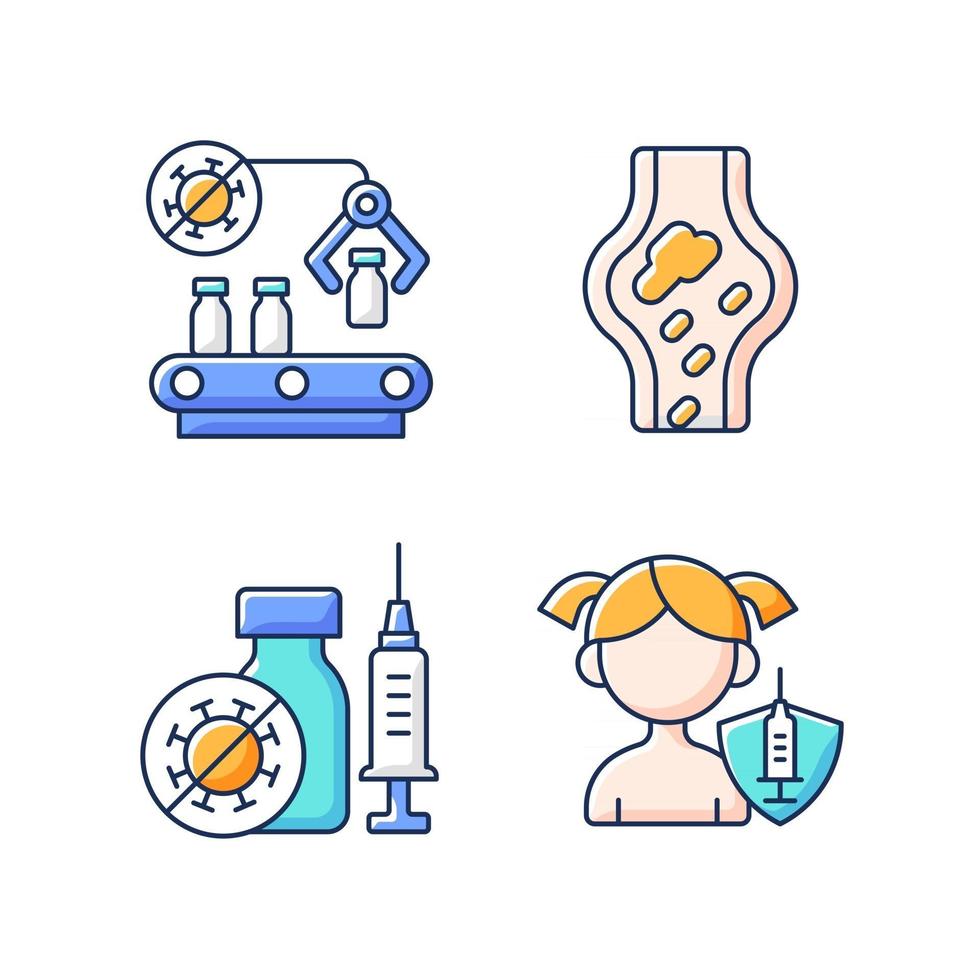 vaccinatie rgb kleur pictogrammen instellen. farmaceutische vervaardiging. productie en distributie van medicijnen. gezondheidszorg en medicijnen. apotheek productie. bloedstolsels als bijwerking. geïsoleerde vectorillustraties vector