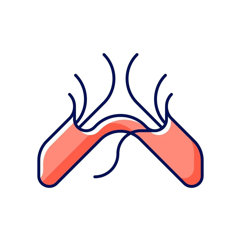 beschadigd draad rgb kleurenpictogram. gerafelde, gescheurde koorden. vonken en oververhitting. elektrisch gevaar. schok, elektrocutie. geïsoleerde vectorillustratie. losse verbinding eenvoudige gevulde lijntekening vector