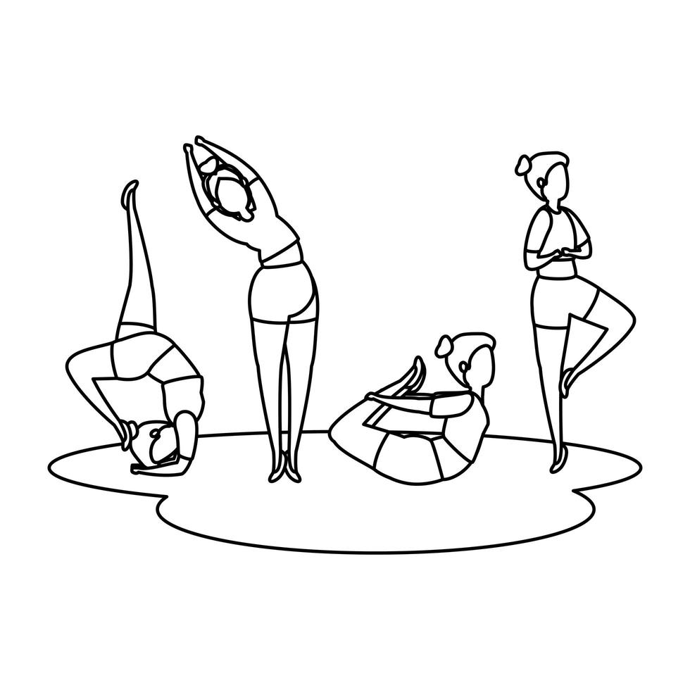 schoonheidsmeisjesgroep die pilates-positie beoefent vector