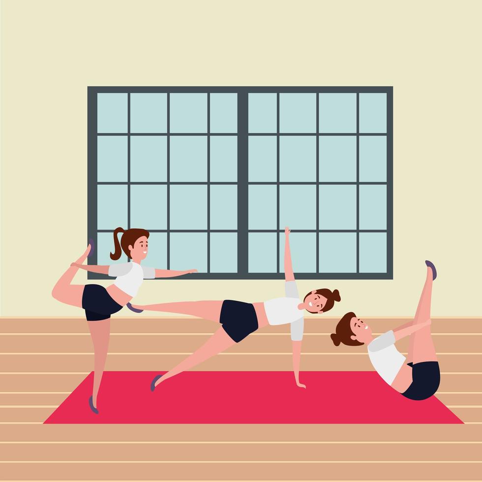 schoonheidsmeisjesgroep die pilates-positie beoefent in de sportschool vector