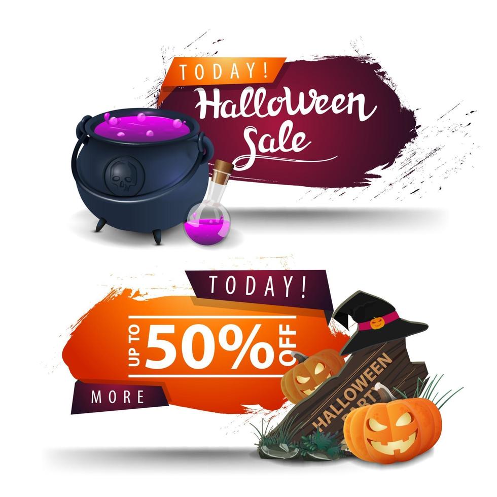 halloween-uitverkoop, twee kortingswebbanners voor uw bedrijf met heksenpot, houten bord, heksenhoed en pompoenhefboom vector