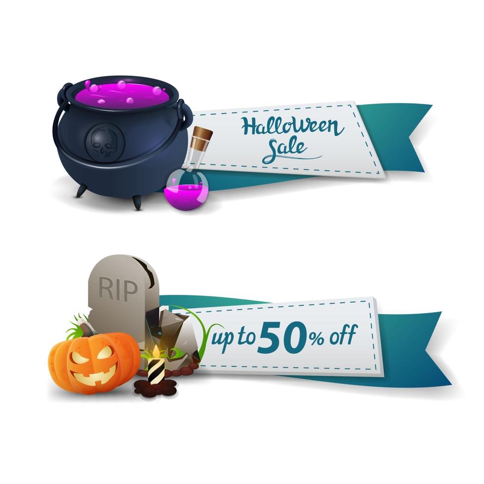 halloween-uitverkoop, twee kortingsbanners in de vorm van linten met heksenpot met drankje, grafsteen en pompoenhefboom vector