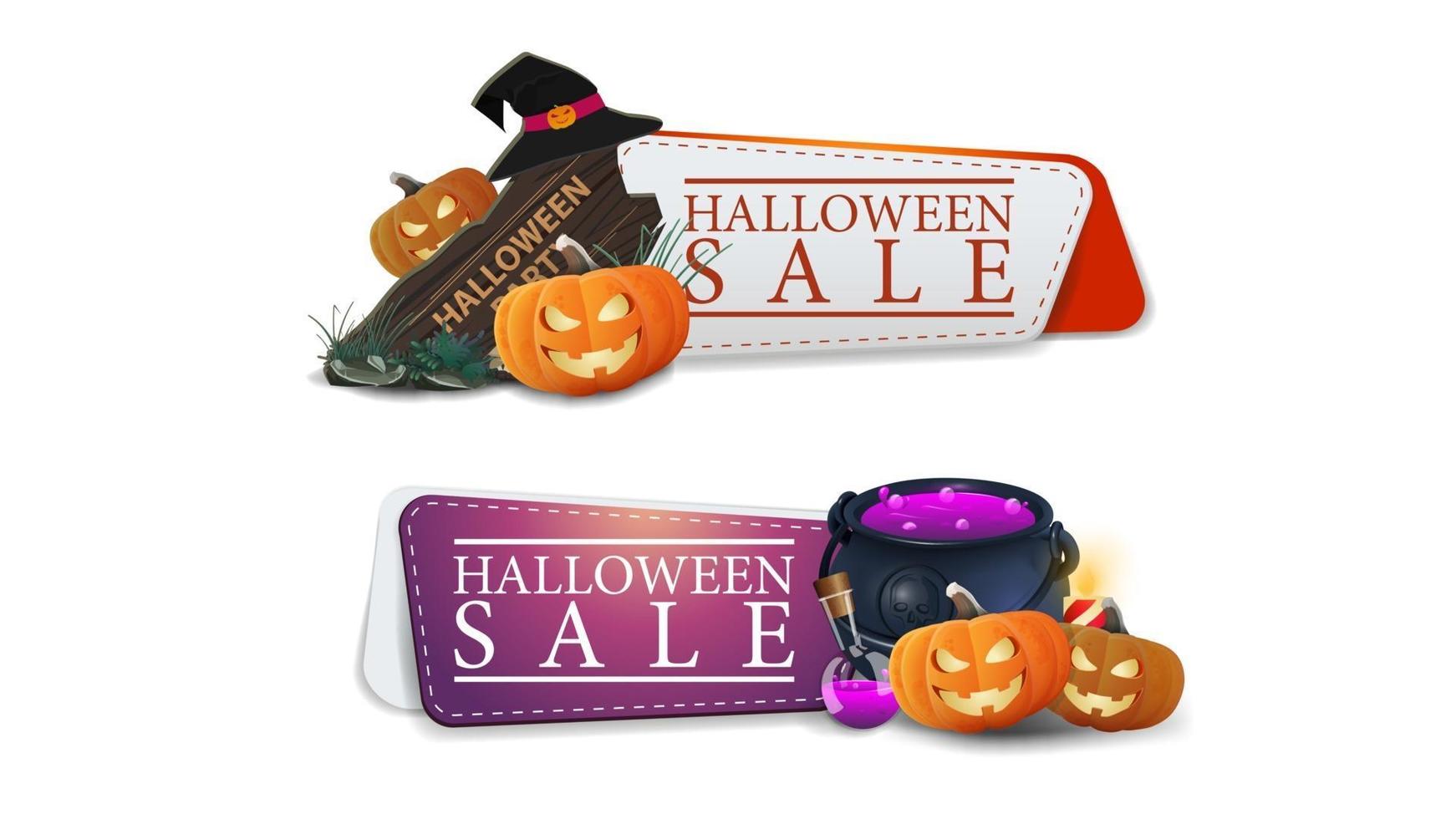 halloween-uitverkoop, twee klikbare kortingsbanner met houten bord, heksenhoed, heksenpot en pompoenhefboom vector