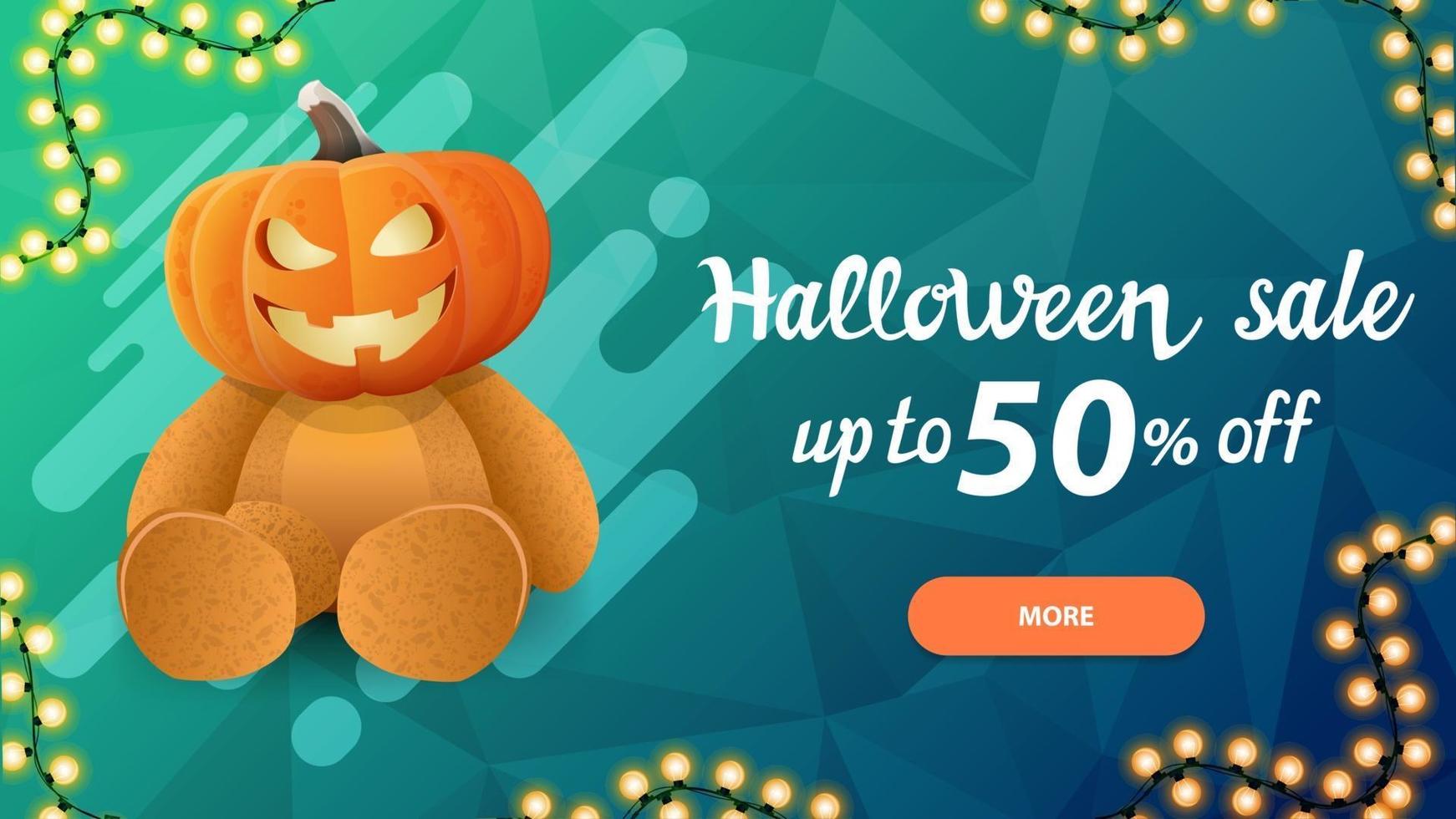 halloween-uitverkoop, -50 korting, blauwe horizontale kortingsbanner met teddybeer met jack-pompoenkop vector