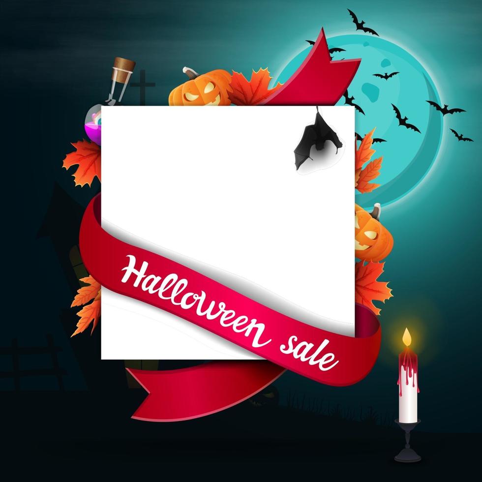 halloween-uitverkoop, sjabloon voor kortingsbanner in de vorm van een vel papier met halloween-decor, vector