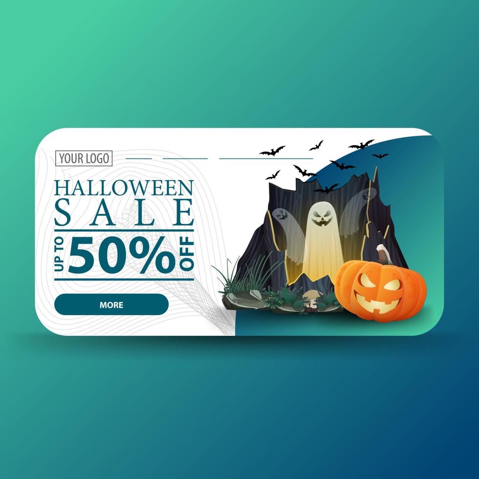 halloween-uitverkoop, tot -50 korting, moderne kortingsbanner met portaal met geesten en pompoenjack vector