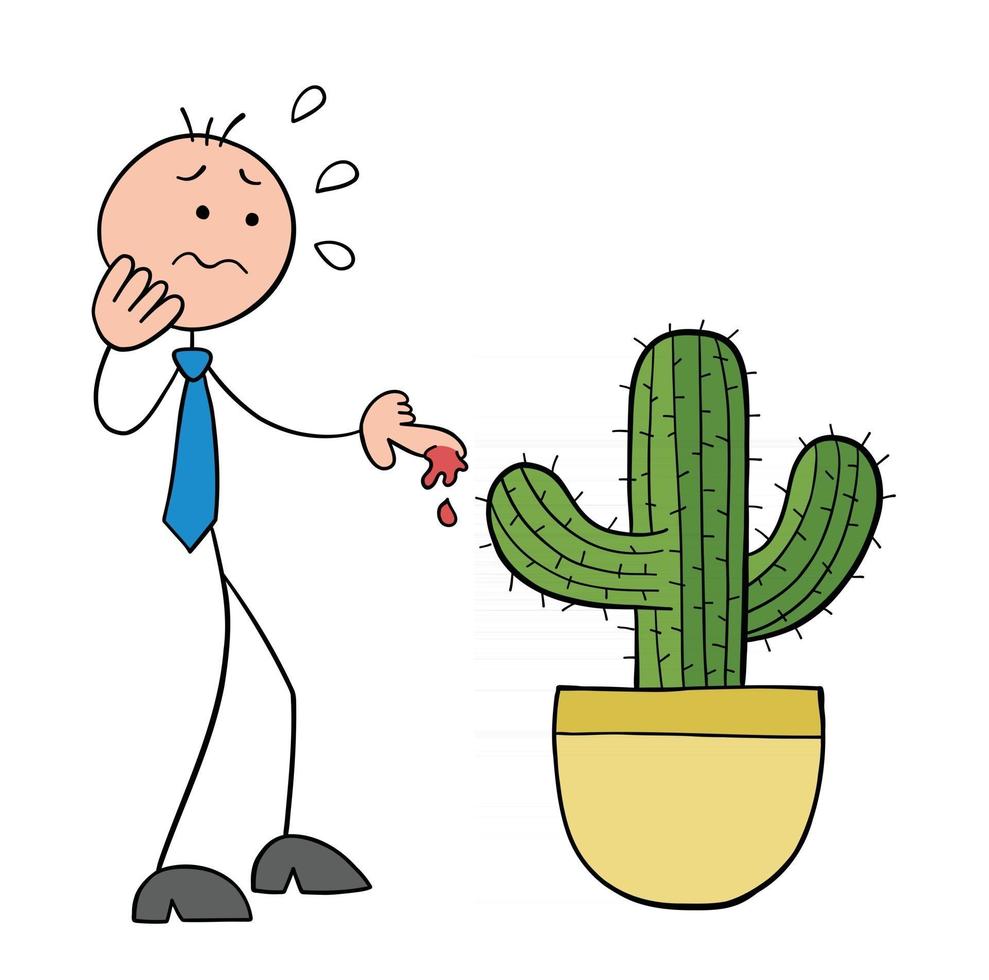 stickman zakenman karakter raakt de cactus doorn en zijn vinger bloedt vector cartoon afbeelding