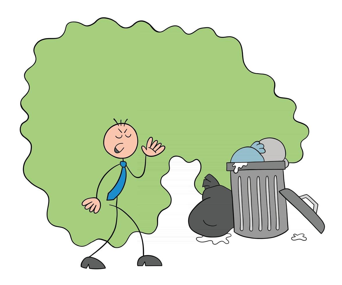 stickman zakenman karakter walgen van de geur van vuilnis vector cartoon afbeelding