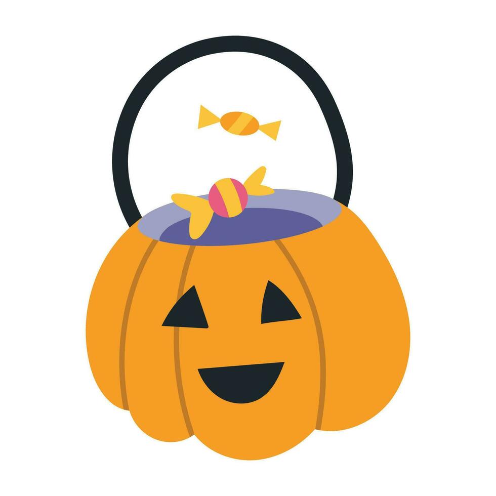 schattig halloween pompoen met snoepgoed, tekenfilm stijl. truc of traktatie. modieus modern vector illustratie geïsoleerd Aan wit achtergrond, hand- getrokken