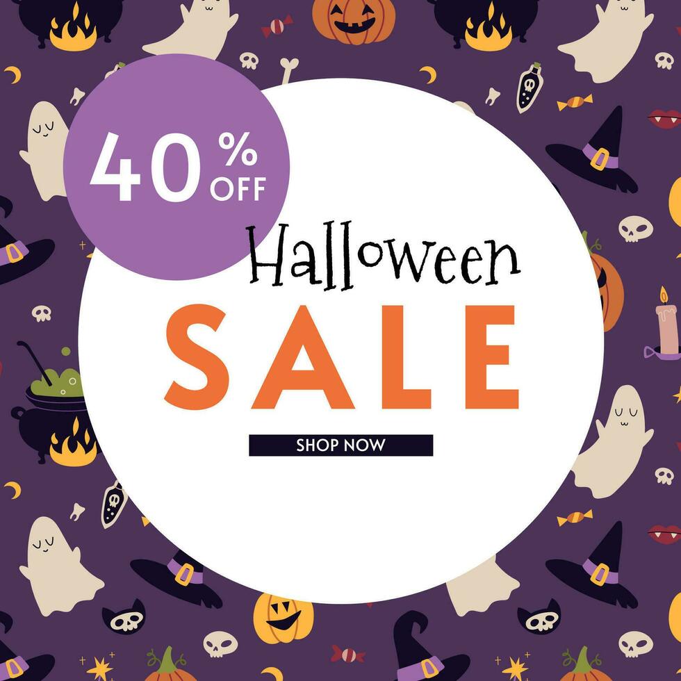 gelukkig halloween uitverkoop 40 pc uit banier sjabloon, tekenfilm stijl. korting Promotie lay-out poster voor web of sociaal media, reclame, flyers. modieus vector illustratie, hand- getrokken, vlak.