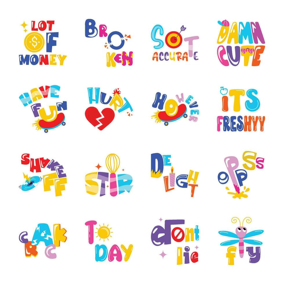 pak van typografie vlak stickers vector