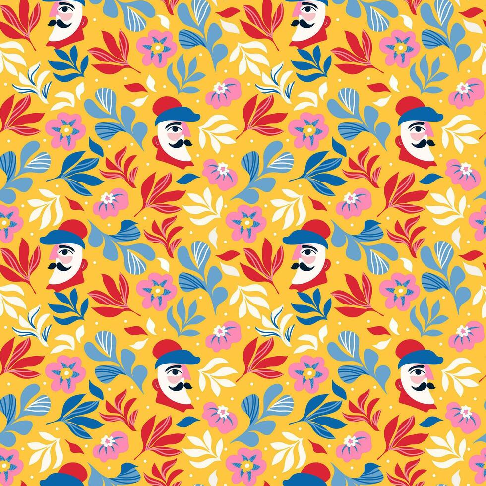 naadloos patroon met abstract mannetje gezichten en rood en blauw kleuren. vector patroon met mannelijk gezichten met snor in abstract gemakkelijk vormen Aan geel achtergrond voor textiel prints of voorwerpen