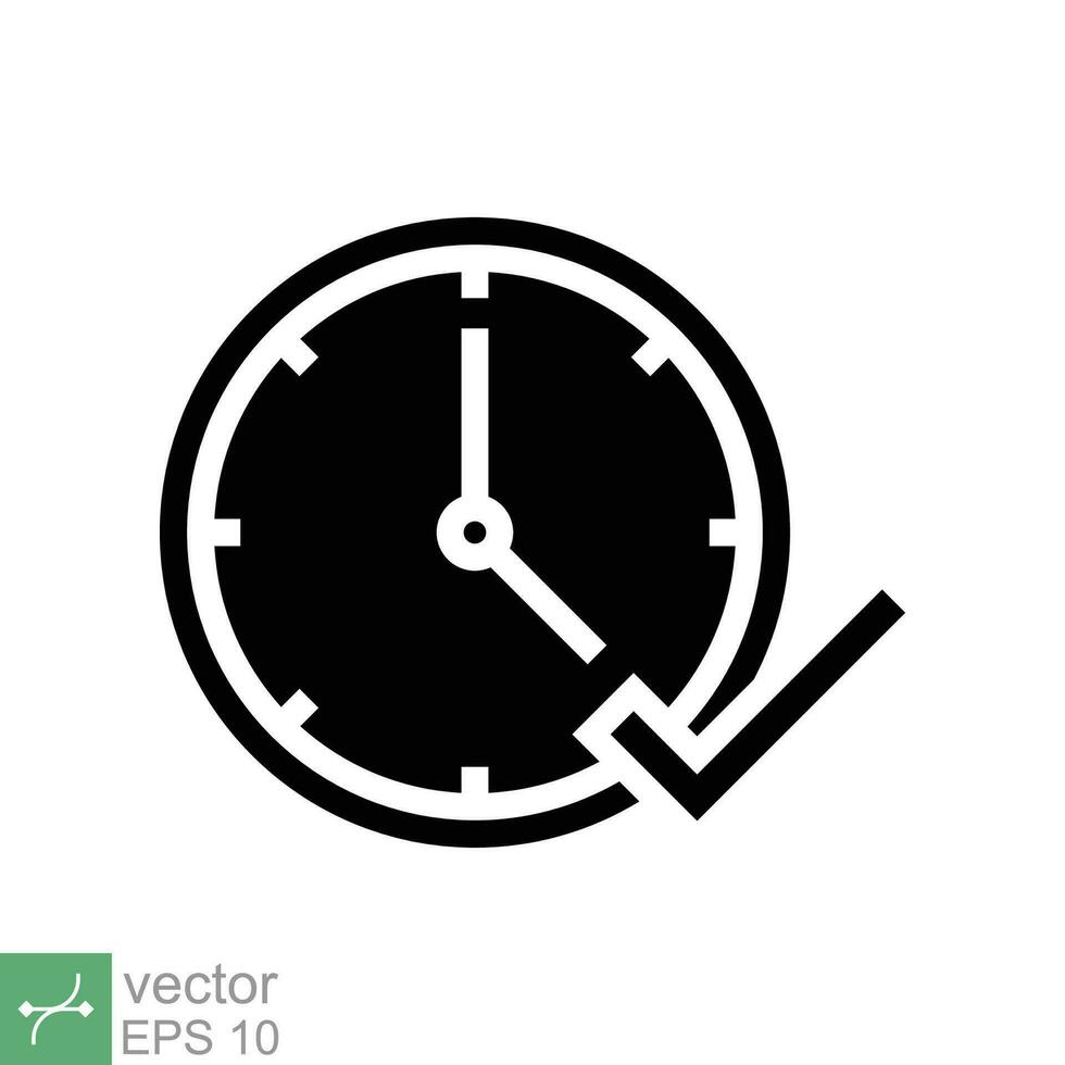 controleren Mark Aan klok icoon. gemakkelijk solide stijl. echt tijd bescherming, perfect uur, cirkel horloge, timer concept. glyph vector illustratie geïsoleerd Aan wit achtergrond. eps 10.