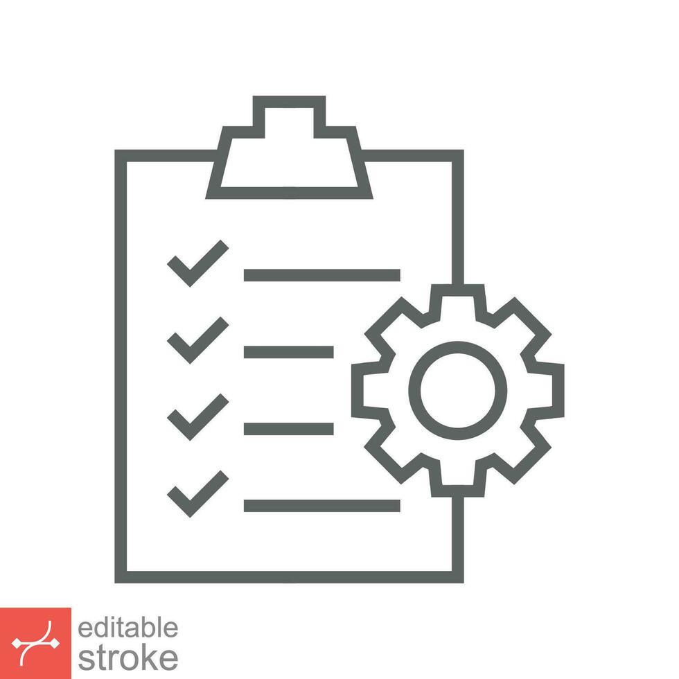 klembord met uitrusting icoon. gemakkelijk schets stijl. project plan, document, taak controleren lijst, tandwiel, beheer concept. dun lijn vector illustratie geïsoleerd Aan wit achtergrond. bewerkbare beroerte eps 10.