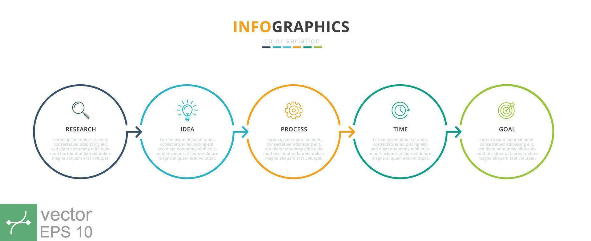 tijdlijn infographics sjabloon met cirkels ontwerp, pijlen, pictogrammen. bedrijf concept met 5 opties, stappen of processen. vector illustratie eps 10.