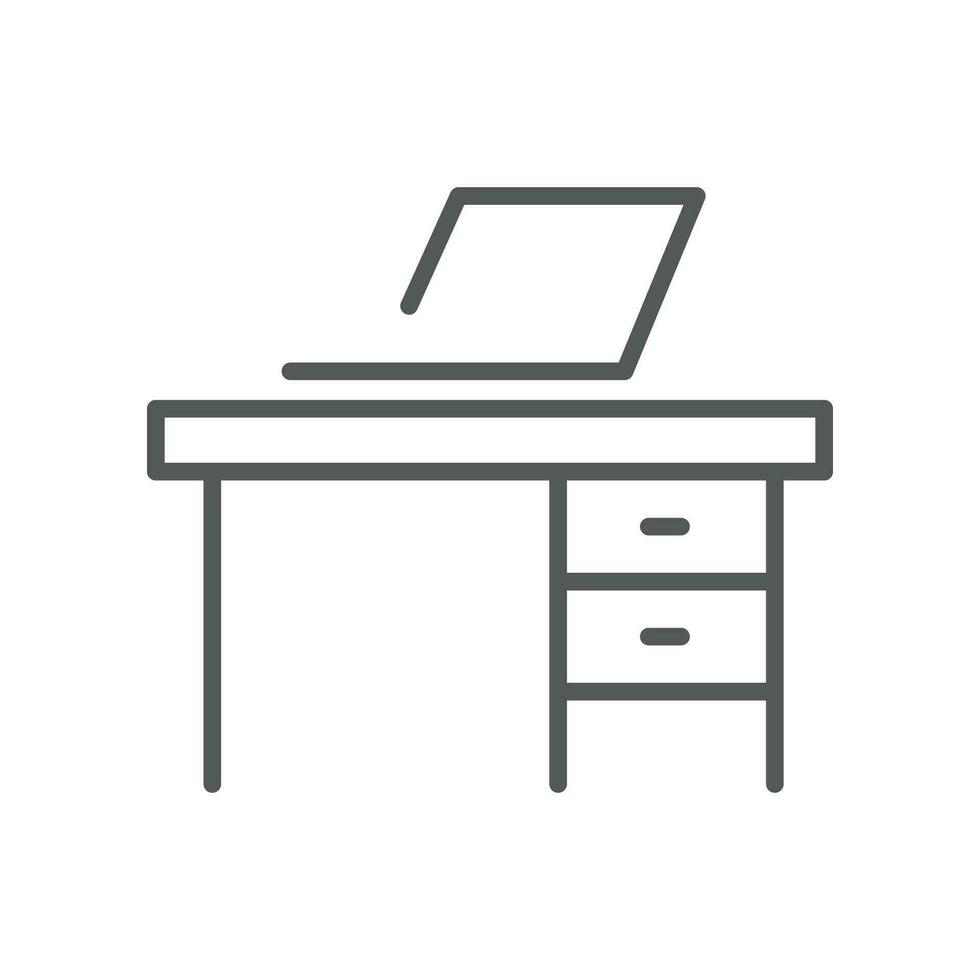 kantoor bureau, werkplaats en functie, werken symbool. studie tafel Bij huis. pictogram computer Aan bureau, kantoor laden werk ruimte. laptop Aan tafel icoon. vector illustratie gevulde schets stijl. eps10