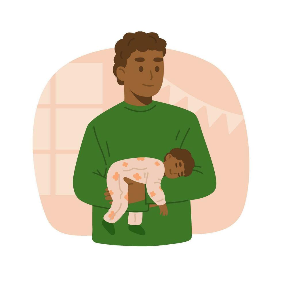gelukkig zwart vader Holding zijn pasgeboren baby zorgzaam en verpleging hem in handen. vector
