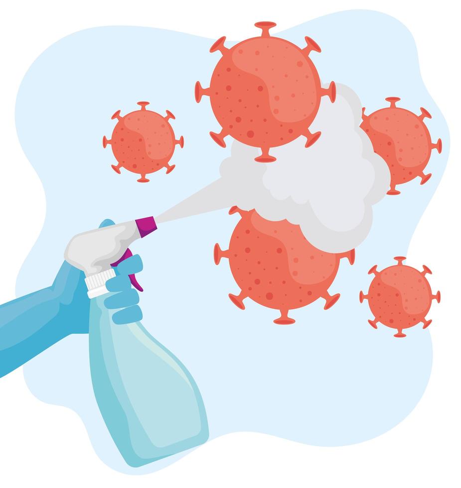 spray desinfecteer fles met covid19 virusdeeltjes vector
