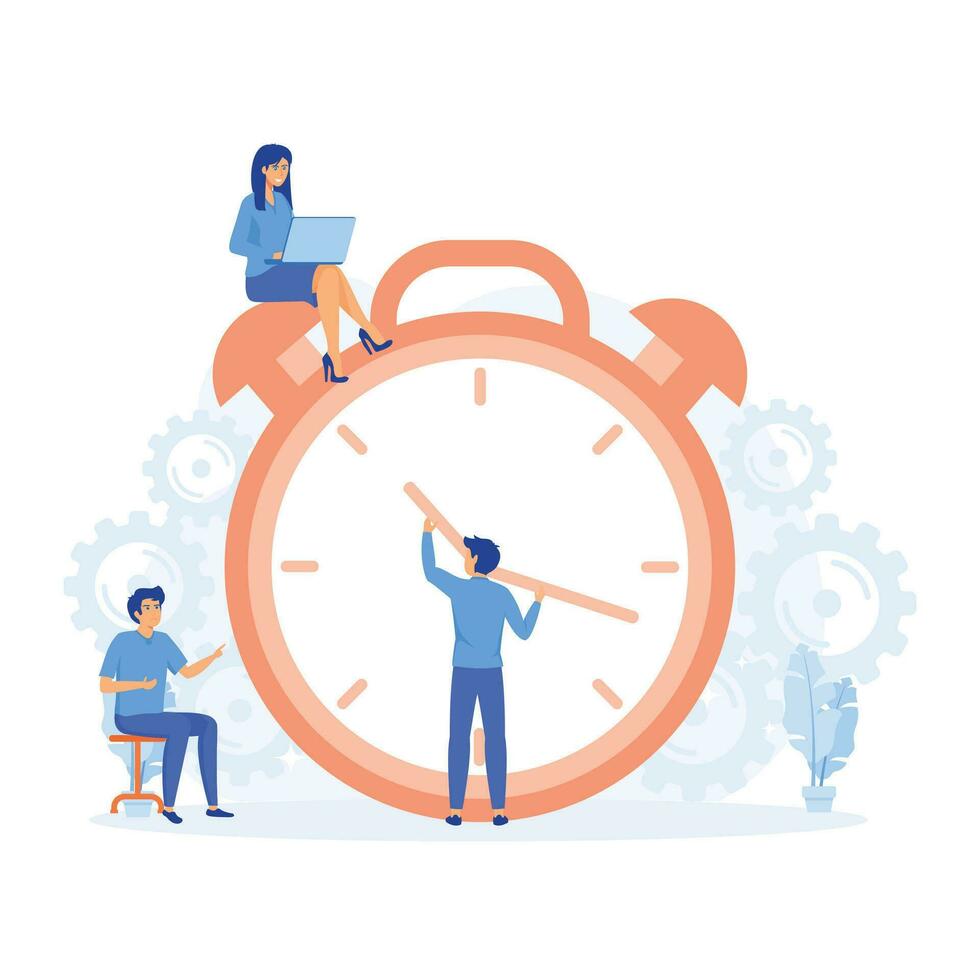 tijd beheer concept, zakenman rennen langs uitrusting in het formulier van klok. organisatie van werkwijze. vlak vector modern illustratie