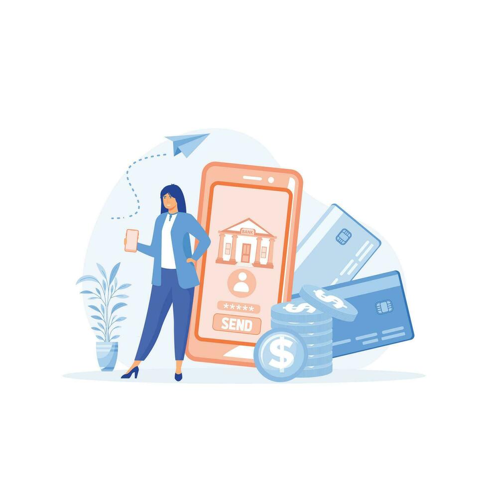mobiel bank concept. vrouw pays voor aankopen of stuurt geld gebruik makend van smartphone app. financieel account onderhoud online. vlak vector modern illustratie