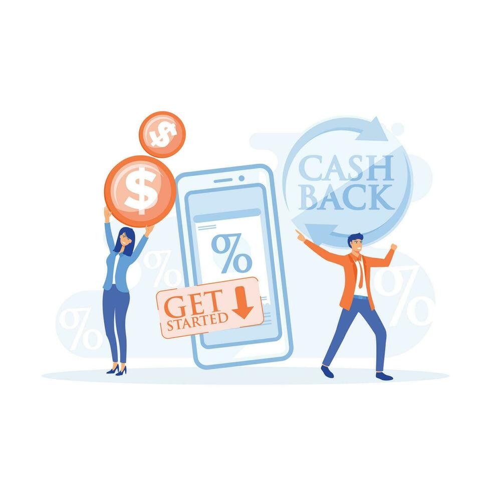 online contant geld terug of geld terugbetaling concept. gelukkig mensen ontvangen cashback voor winkelen. beloning programma. vlak vector modern illustratie