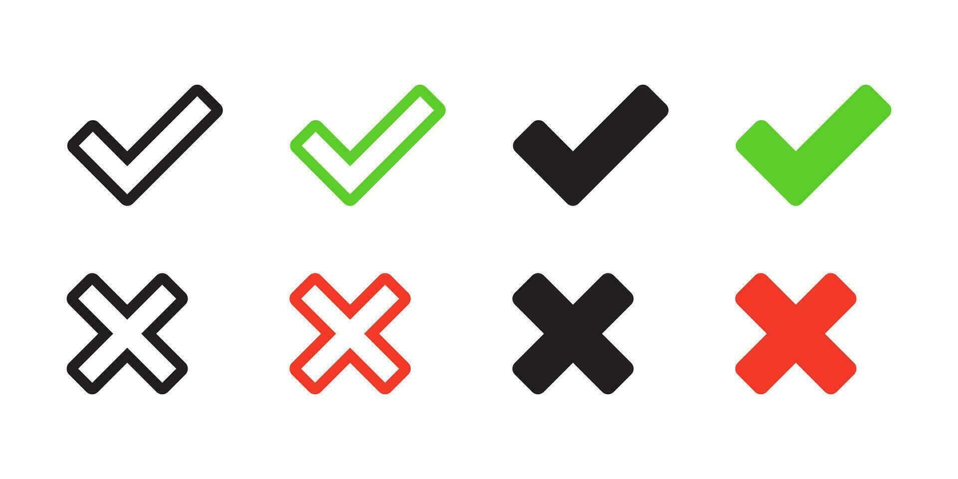 goedgekeurd en afgekeurd icoon vector. vinkje en X kruis Mark symbool in meerdere variaties vector