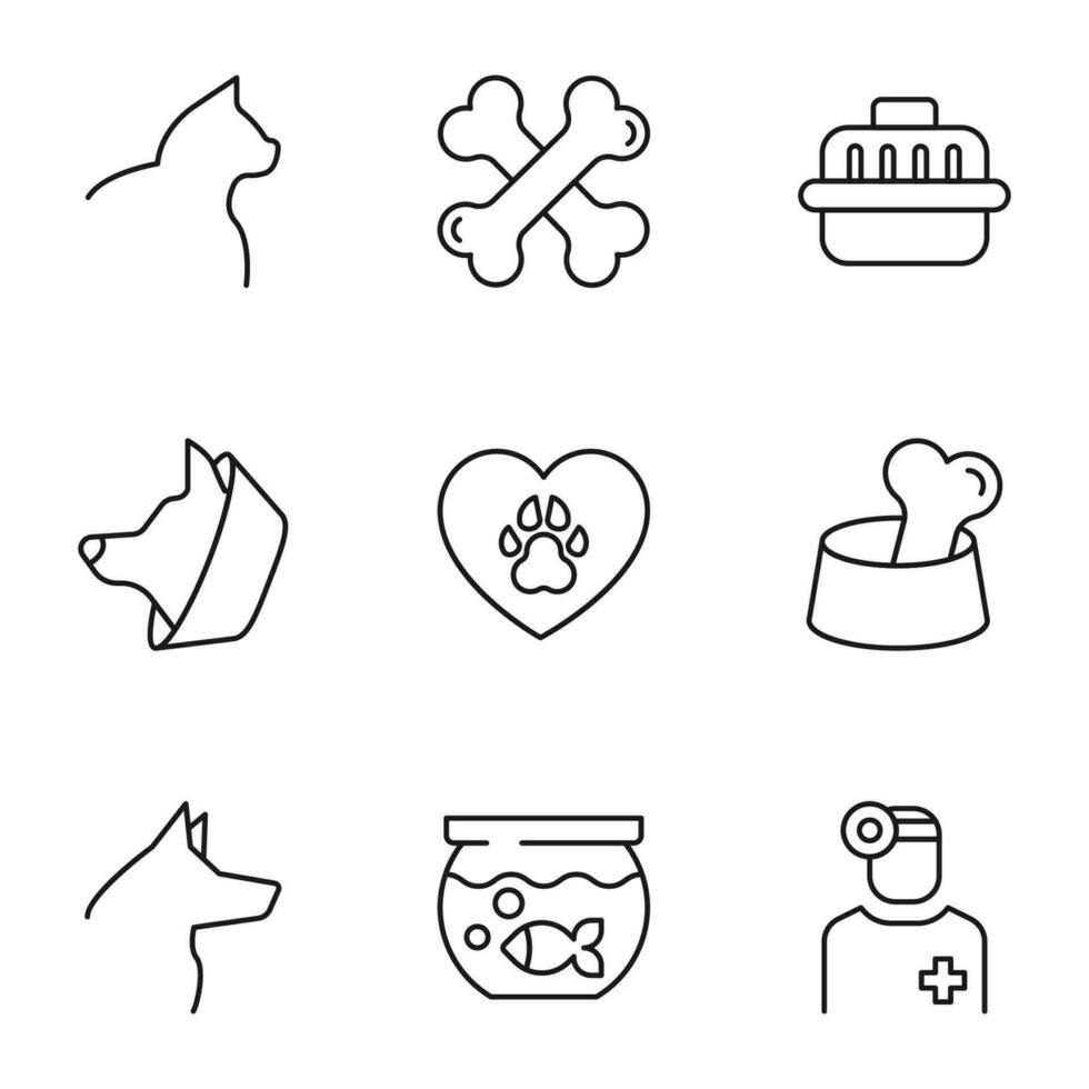 pak van geïsoleerd vector symbolen getrokken in lijn stijl. bewerkbare hartinfarct. pictogrammen van kat, botten, huisdier vervoerder, vis, aquarium, hond, huisdier, dier