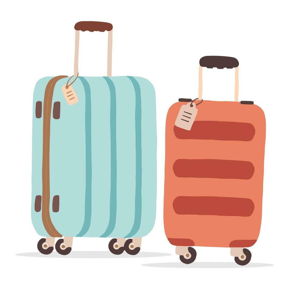 blauw en oranje op reis koffers met wielen. zomer vakantie vector