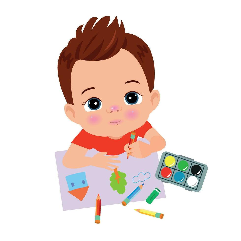 schattig jongen schilderij met aquarellen en gekleurde potloden vector