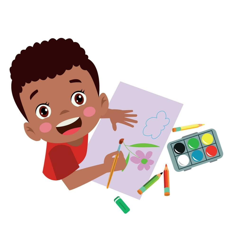 schattig jongen schilderij met aquarellen en gekleurde potloden vector