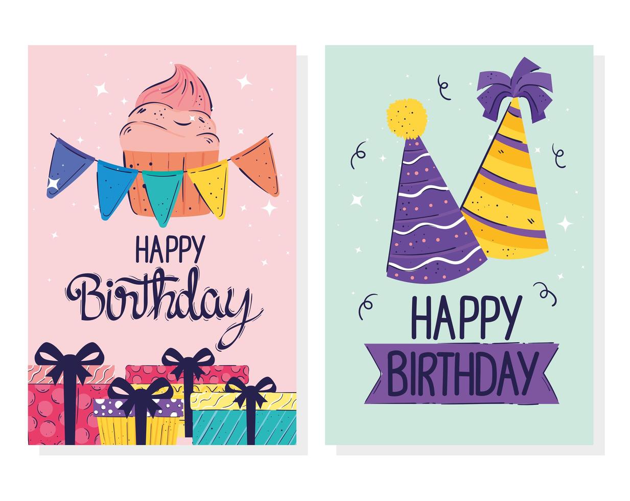 gelukkige verjaardag belettering kaarten met geschenken en hoeden vector