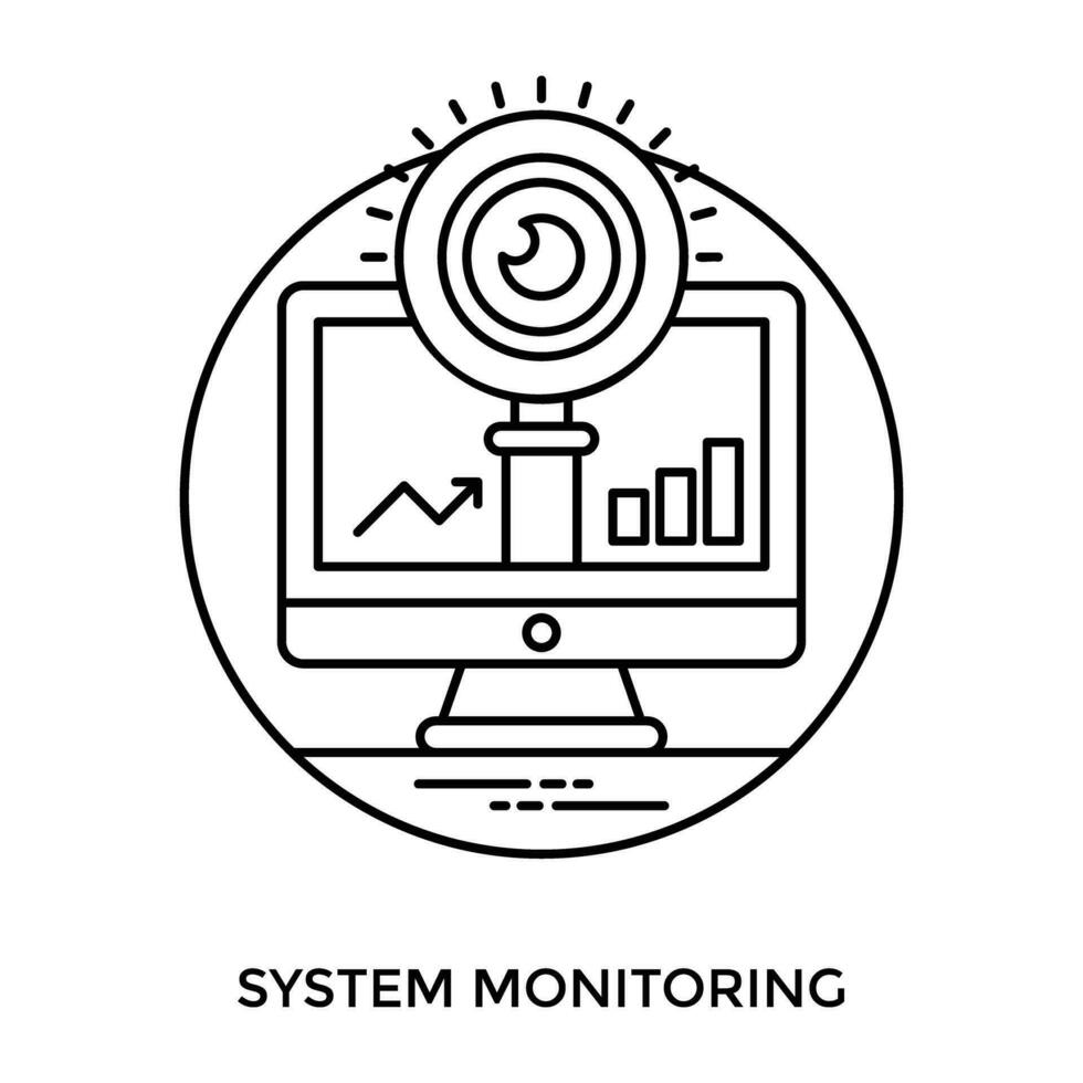 hand- Lens met oog allemaal geplaatst over- een lcd scherm met sommige bedrijf infographics afbeelden systeem toezicht houden icoon vector