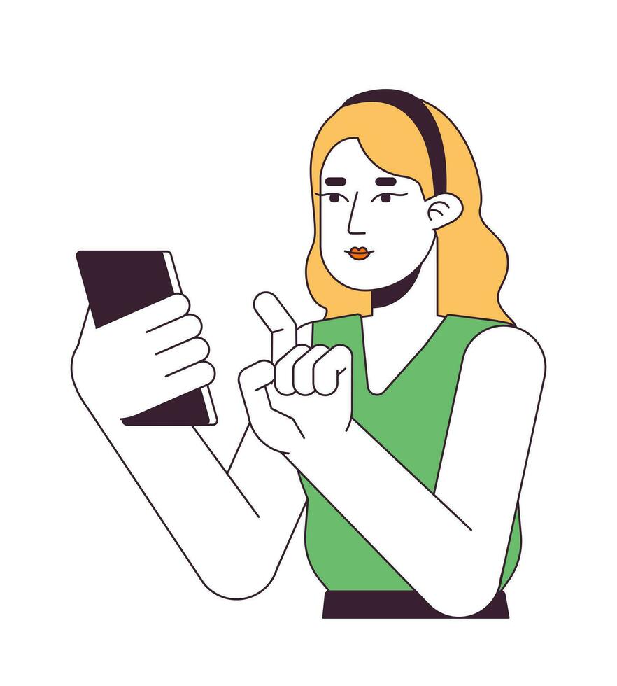 vrouw richten vinger Aan smartphone vlak lijn kleur vector karakter. bewerkbare schets voor de helft lichaam persoon Aan wit. werken Aan smartphone gemakkelijk tekenfilm plek illustratie voor web grafisch ontwerp