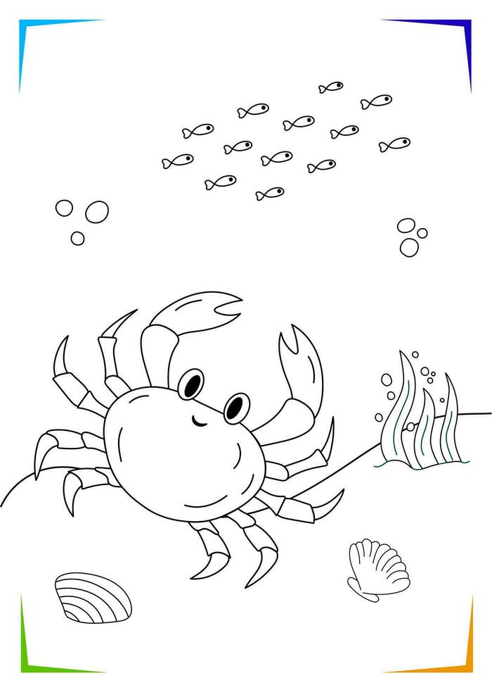 zwart en wit krab, schelp, zeewier kleur bladzijde. onderwater- inwoners vector illustratie.